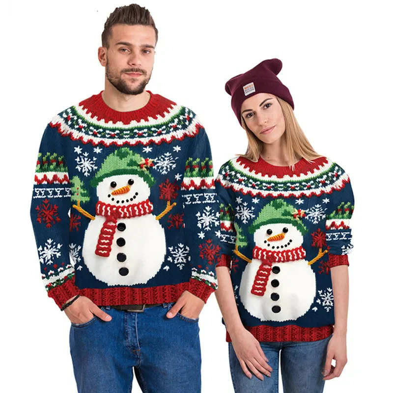 Pulls de Noel Couple avec Bonhomme de Neige en Relief – Image 2