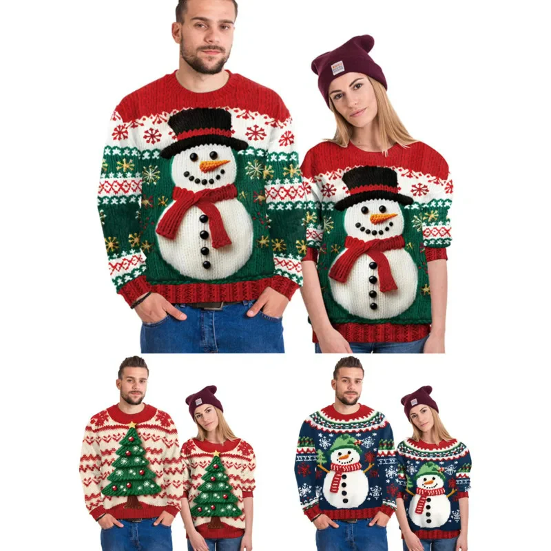 Pulls de Noel Couple avec Bonhomme de Neige en Relief – Image 4