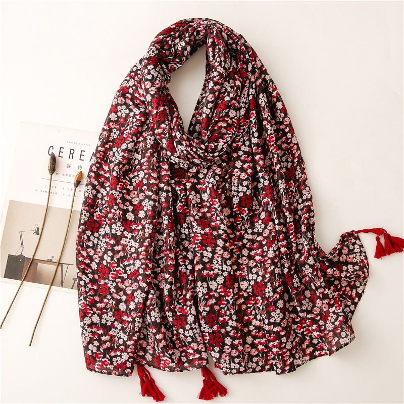 Foulard écharpe en coton et cashmere fleuri rouge