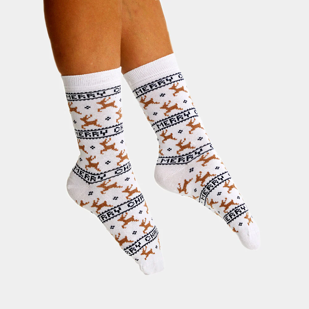 Chaussettes de Noël Unisexes Blanches Chic avec Rennes – Image 2