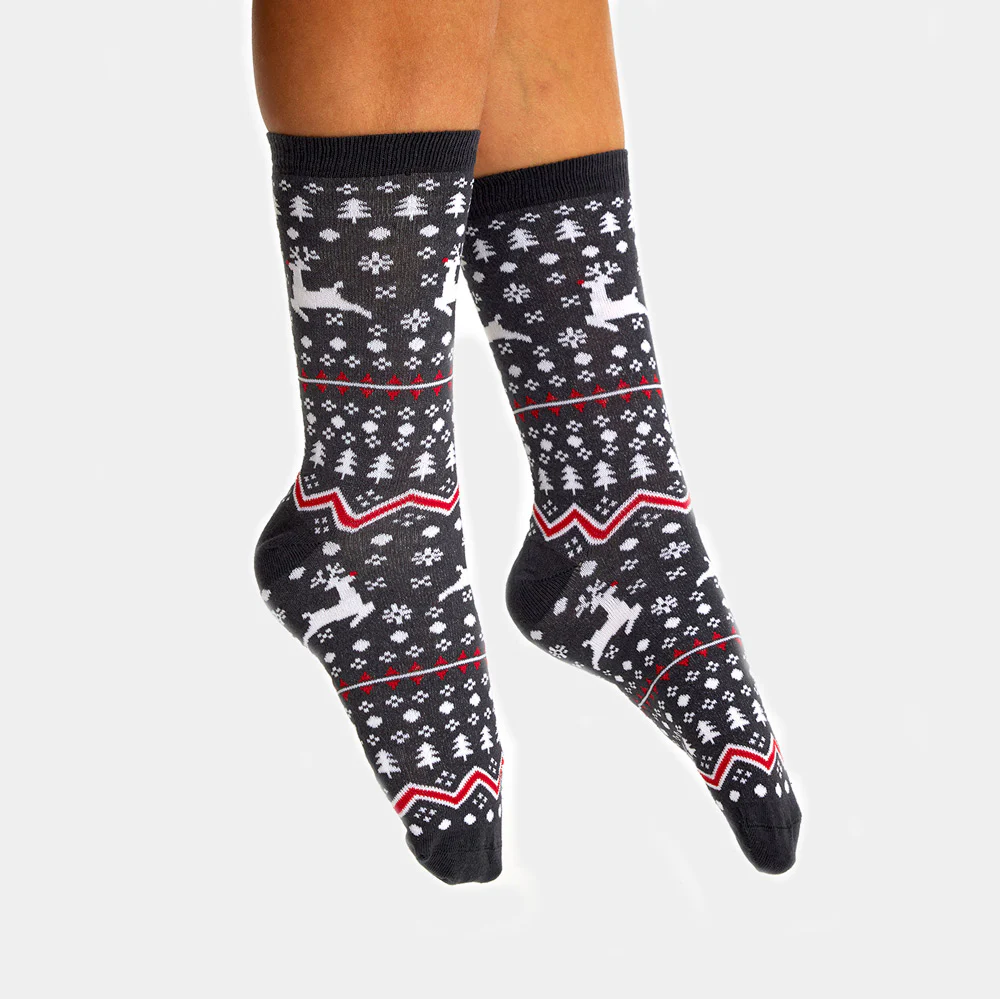 Chaussettes de Noël Unisexes Grises avec Renne et Sapins – Image 2