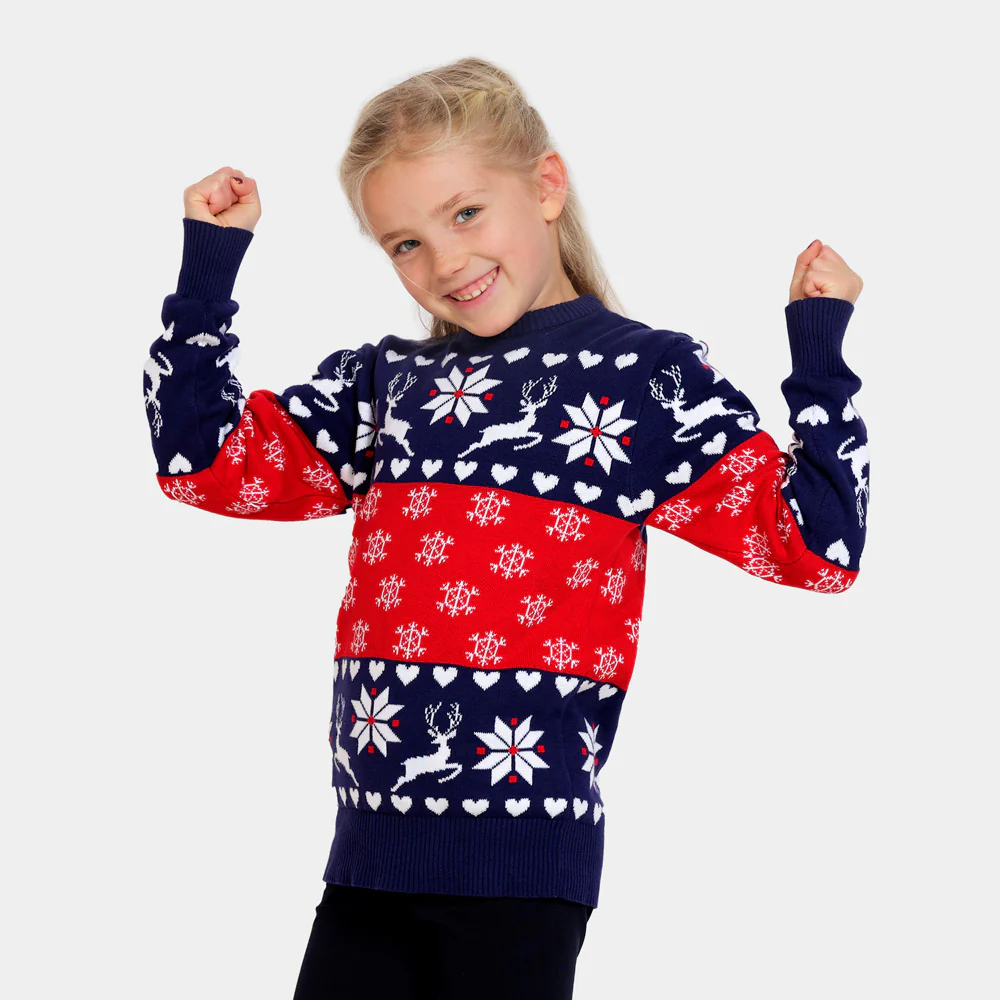 Pull de Noël pour Femme Rennes et Cœurs Bleu et Rouge – Image 2