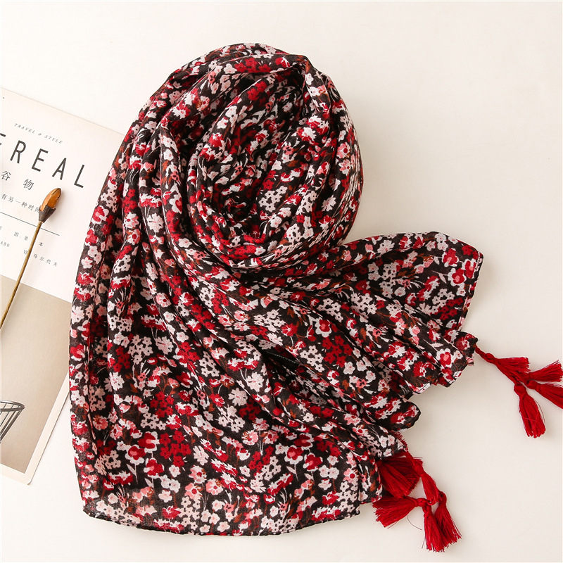 Foulard écharpe en coton et cashmere fleuri rouge – Image 3