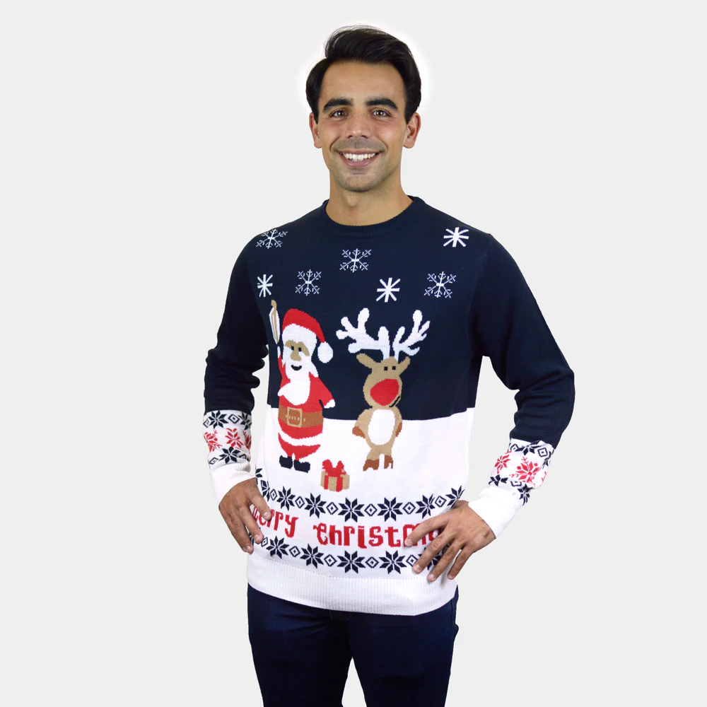 Pull de Noël pour Homme Bleu Père Noël et Rudolph le Renne Coton Bio – Image 2