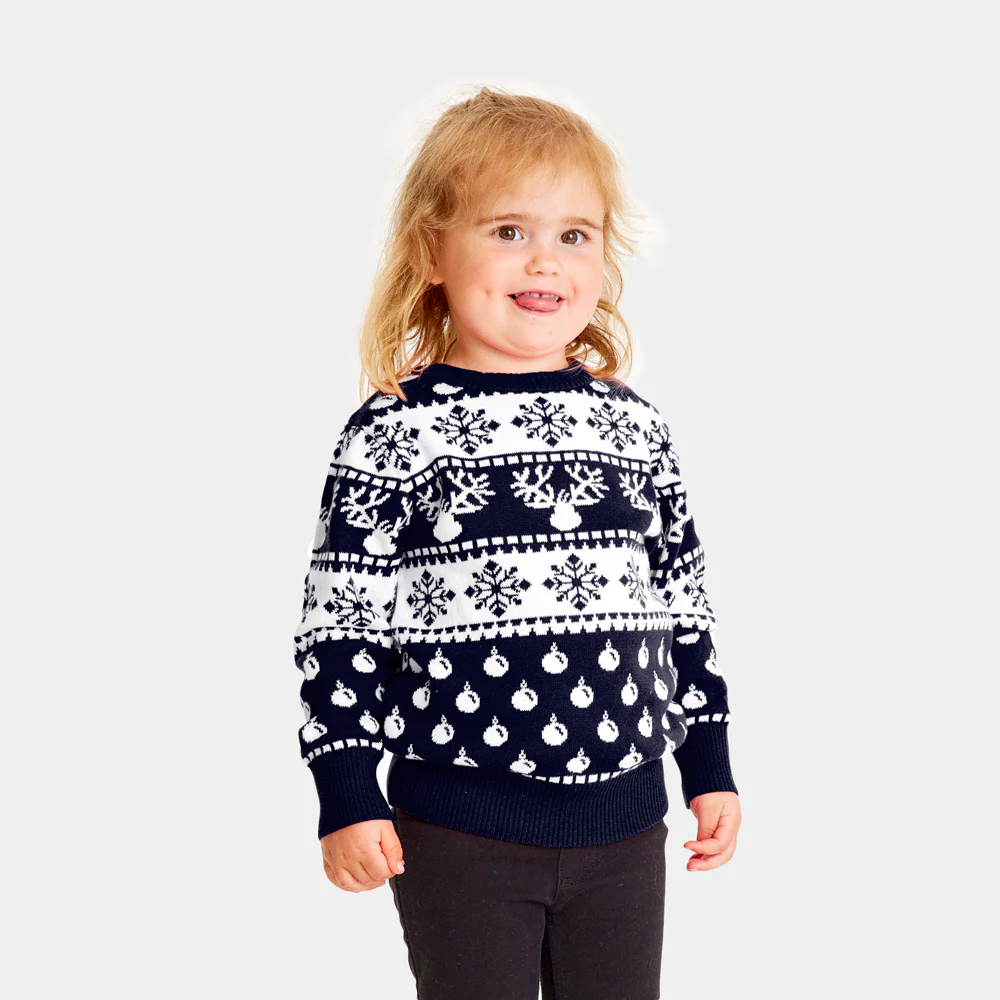 Pull de Noël Bleu pour Enfants avec Rennes et Neige