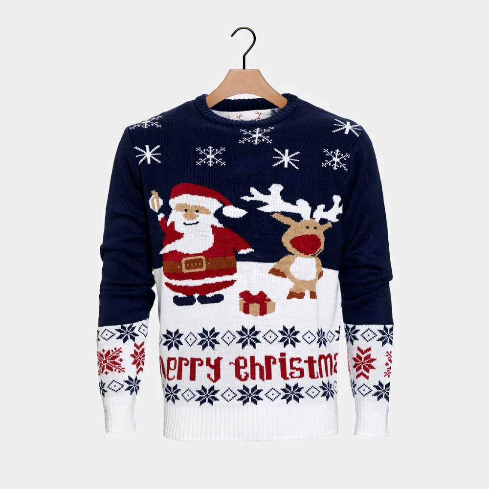 Pull de Noël pour Homme Bleu Père Noël et Rudolph le Renne Coton Bio – Image 6