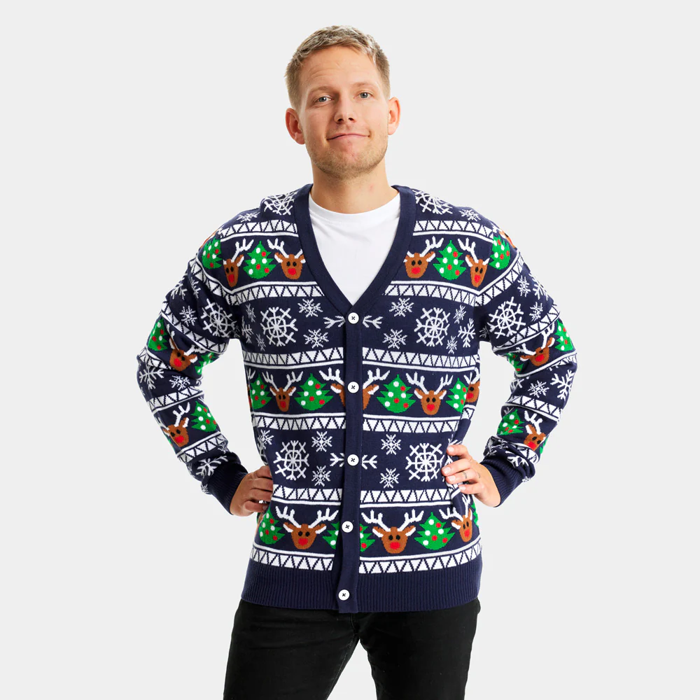 Pull de Noël Cardigan pour Homme Bleu avec Rennes et Sapins de Noël