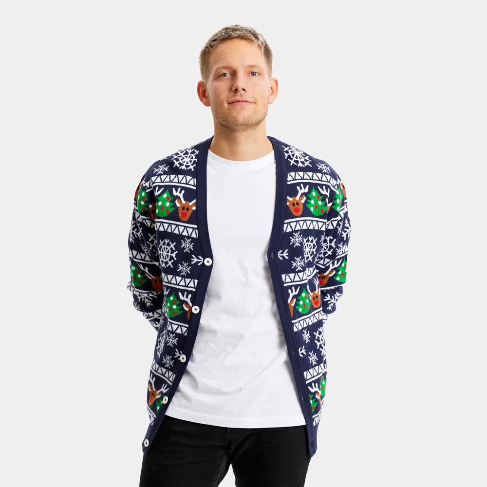 Pull de Noël Cardigan pour Homme Bleu avec Rennes et Sapins de Noël – Image 2