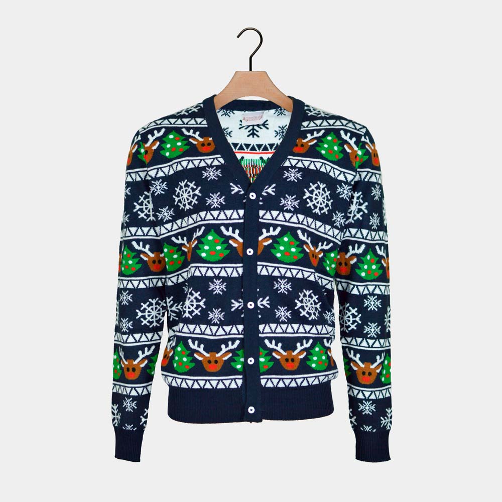 Pull de Noël Cardigan pour Homme Bleu avec Rennes et Sapins de Noël – Image 4