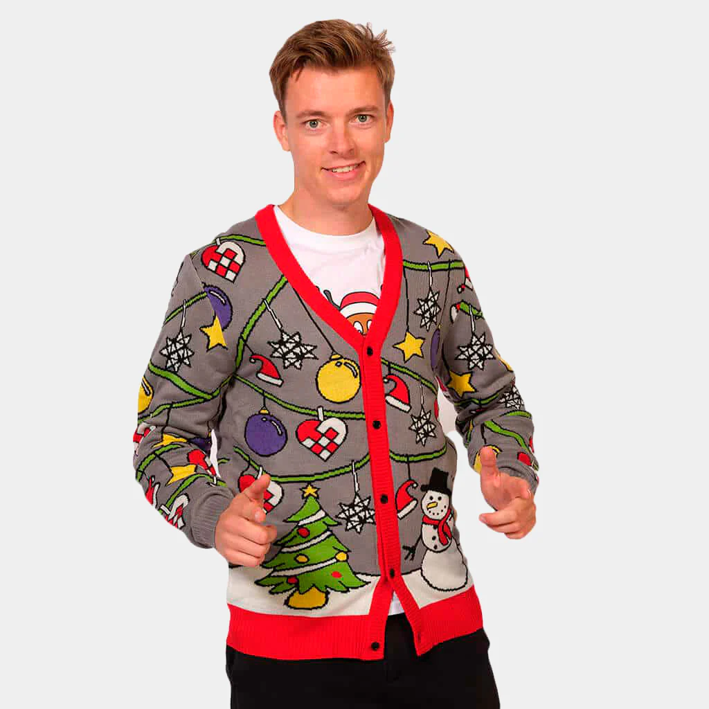 Pull de Noël Cardigan Sapin et Bonhomme de Neige