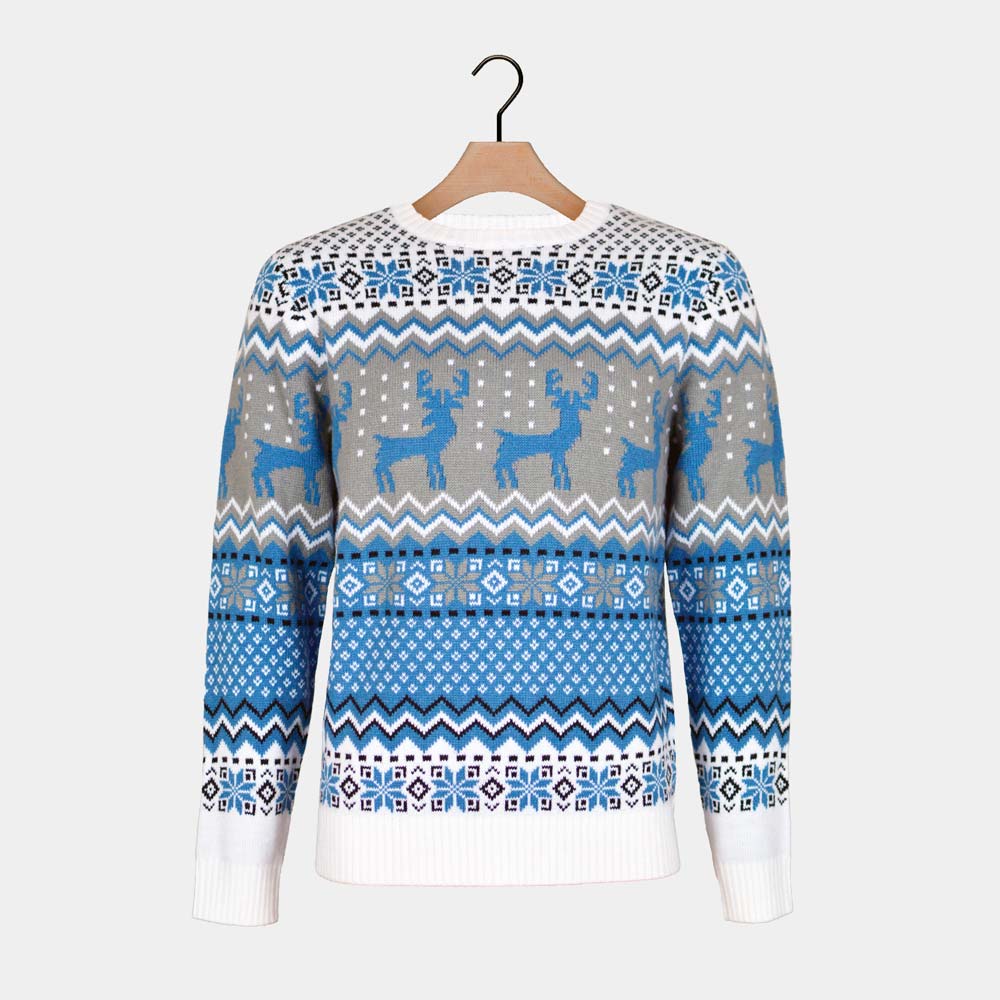 Pull de Noël Chic pour Couple Blanc, Gris et Bleu avec Rennes – Image 7