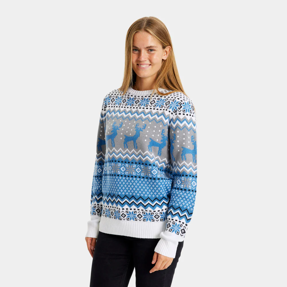 Pull de Noël Chic pour Couple Blanc, Gris et Bleu avec Rennes
