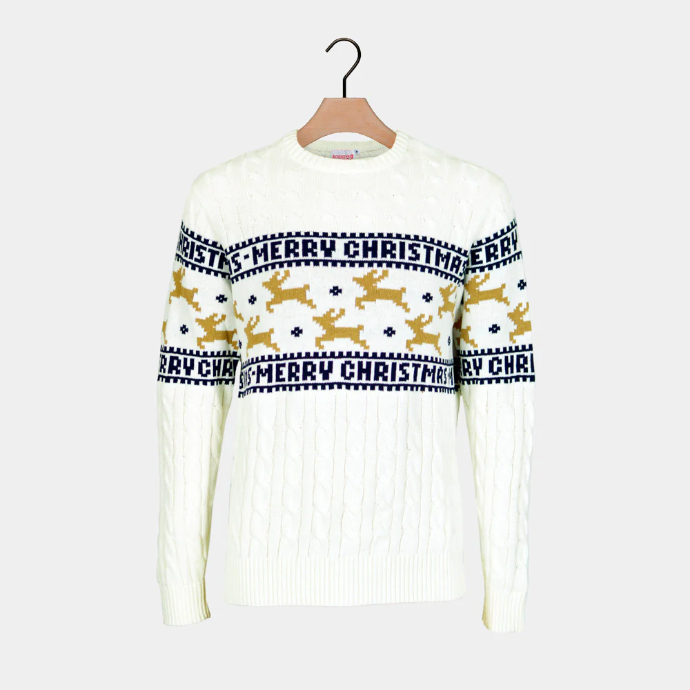 Pull de Noël Chic pour Homme Blanc avec Rennes Coton Bio – Image 7