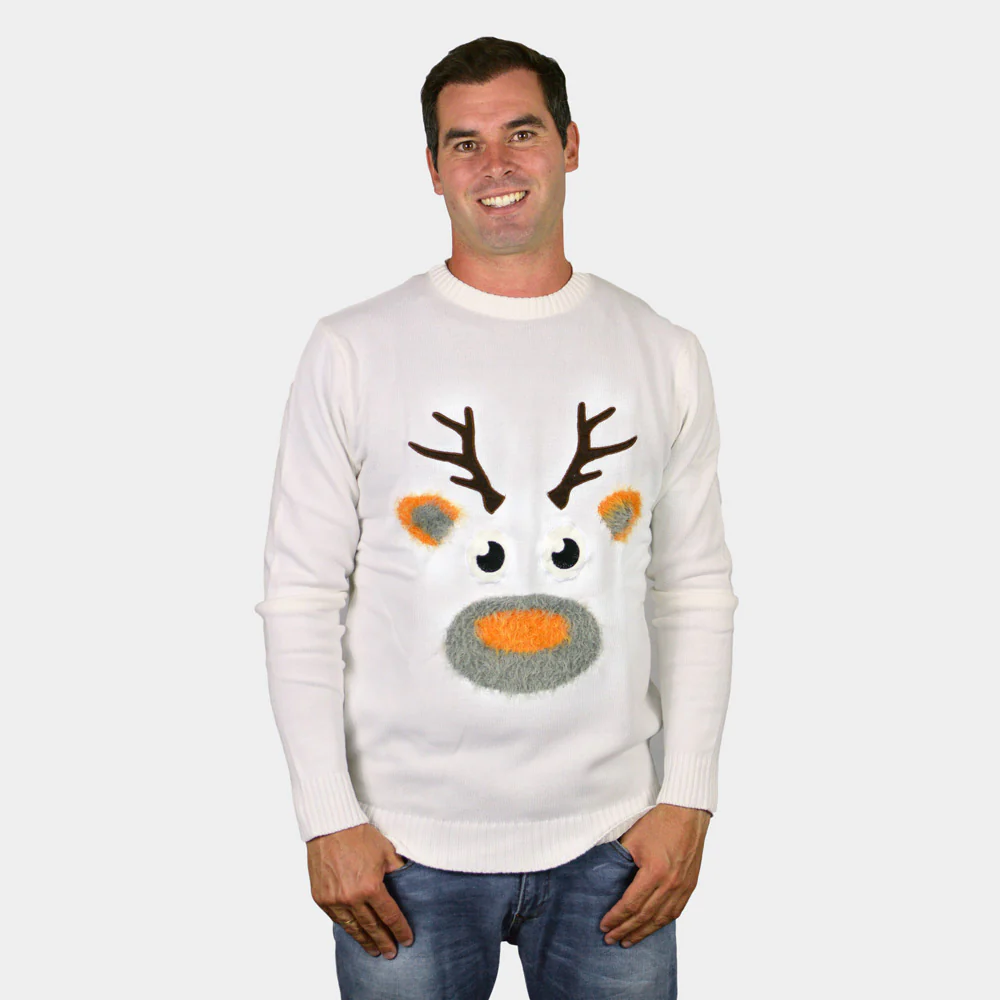 Pull de Noël pour Couple Blanc avec Renne 3D – Image 4