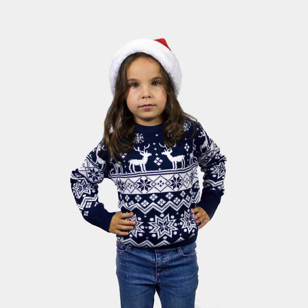 Pull de Noël pour Enfants Bleu avec Renne et Étoiles Nordique