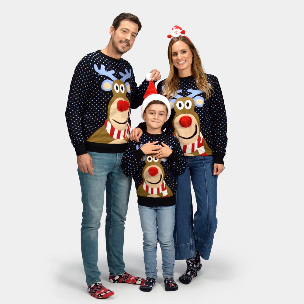 Pull de Noël pour Enfants Bleu Renne avec Nez Rouge 3D – Image 2