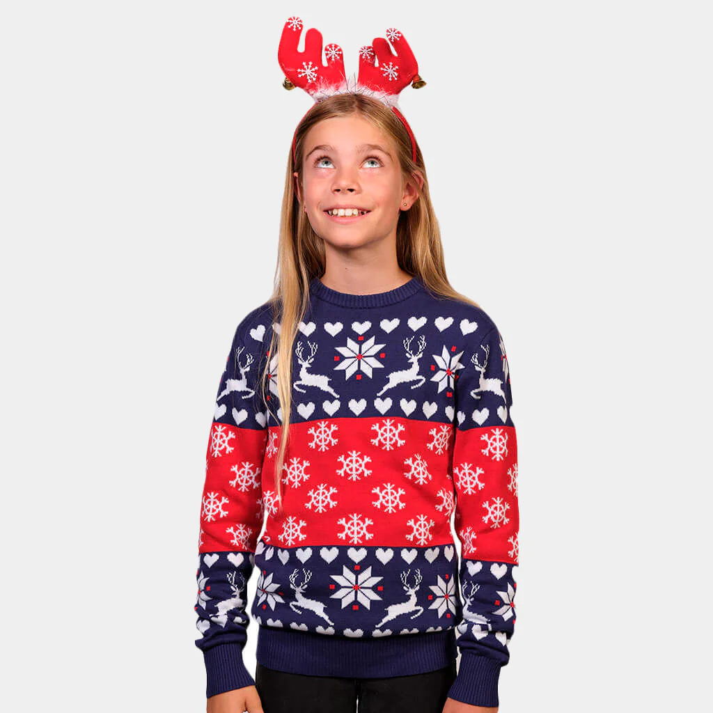 Pull de Noël pour Femme Rennes et Cœurs Bleu et Rouge – Image 3