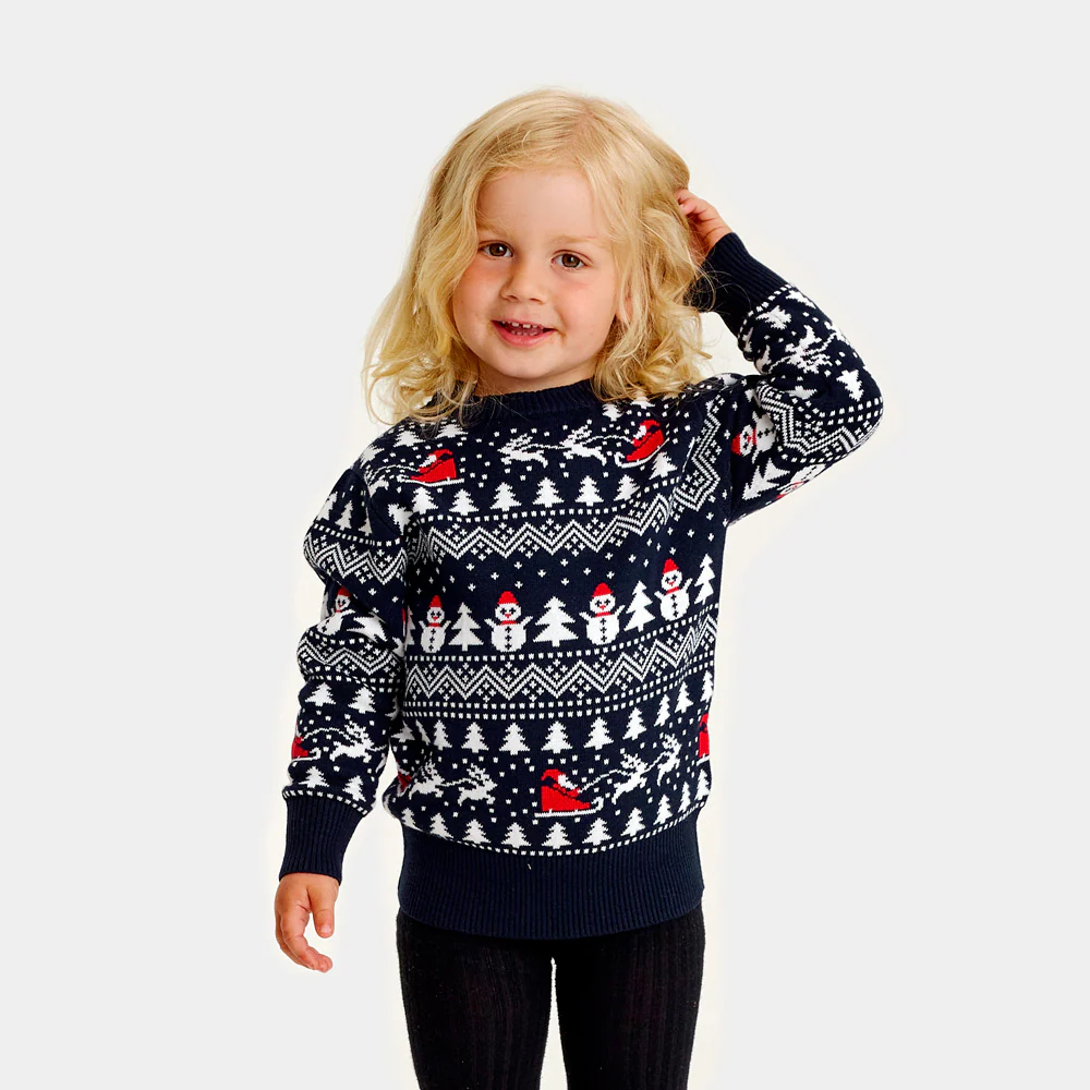 Pull de Noël pour Enfants Bleu avec Sapins, Bonhommes de Neige et Père Noël Coton Bio