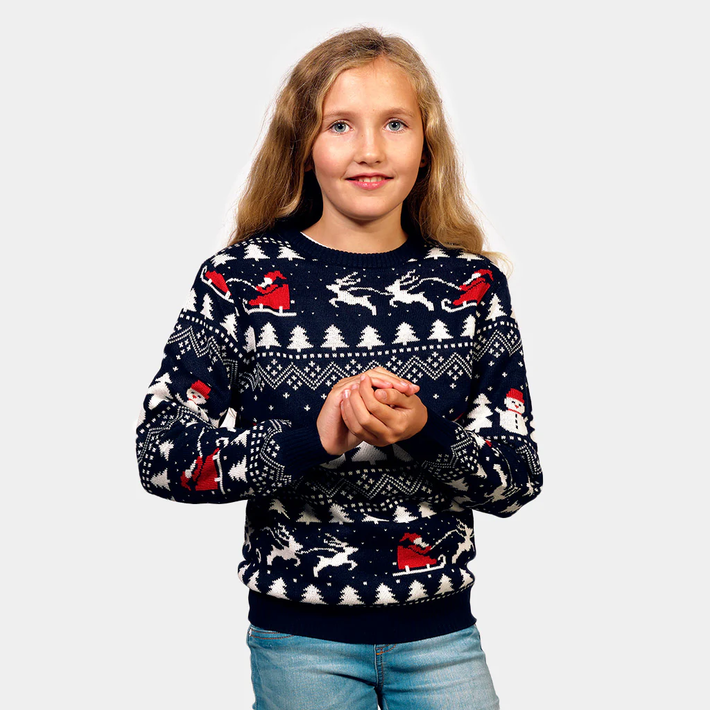 Pull de Noël pour Enfants Bleu avec Sapins, Bonhommes de Neige et Père Noël Coton Bio – Image 2