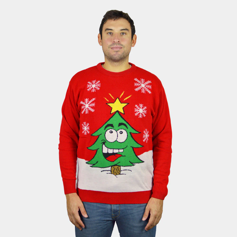 Pull de Noël Rouge avec Sapin de Noël Souriant – Image 4