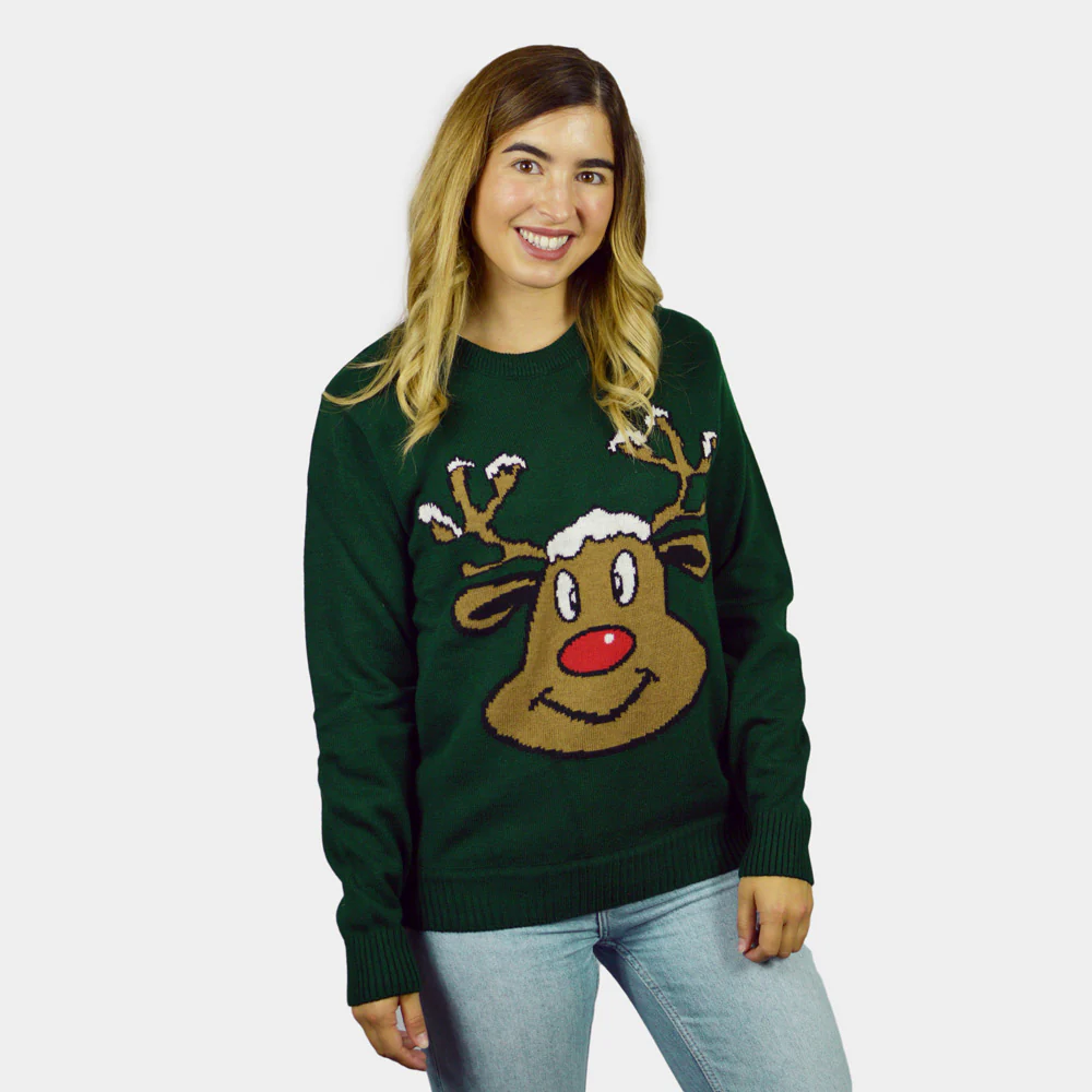 Pull de Noël Vert avec Renne Souriant – Image 2