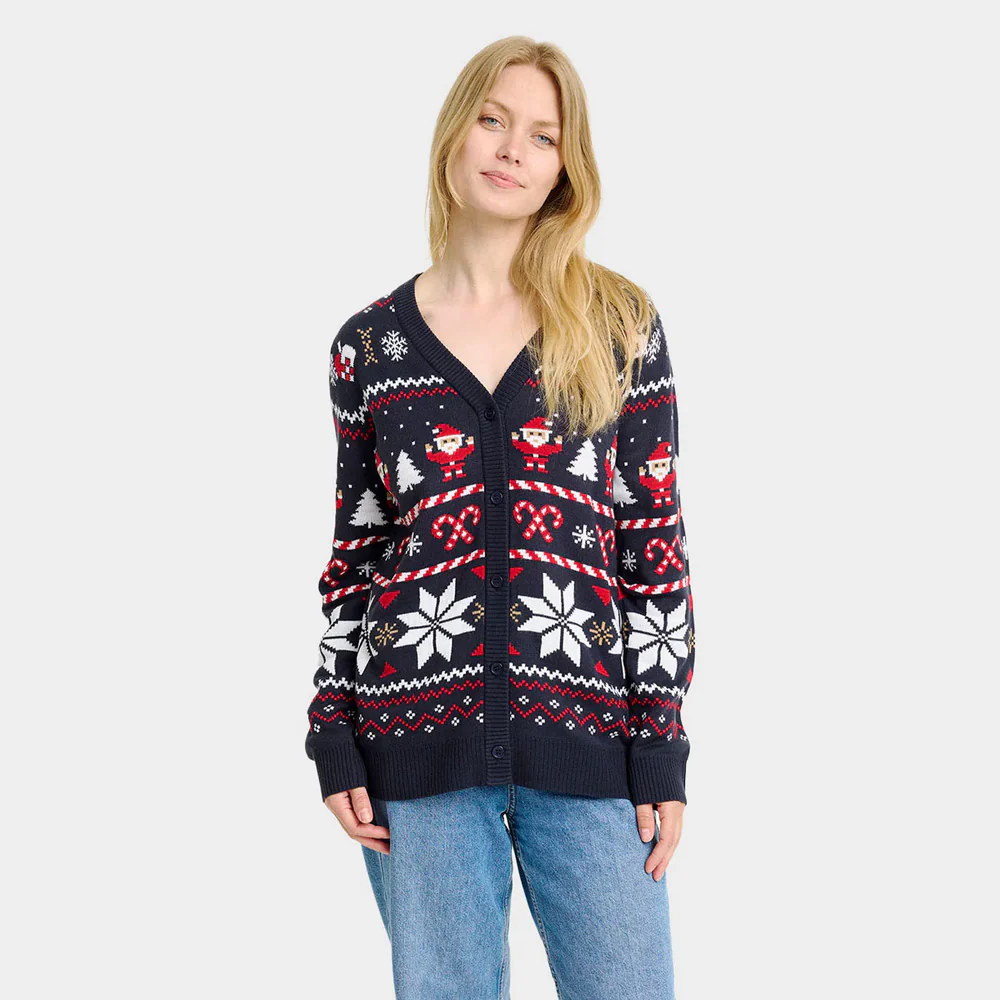 Pull de Noël Cardigan pour Femme Bleu avec Étoiles Polaires