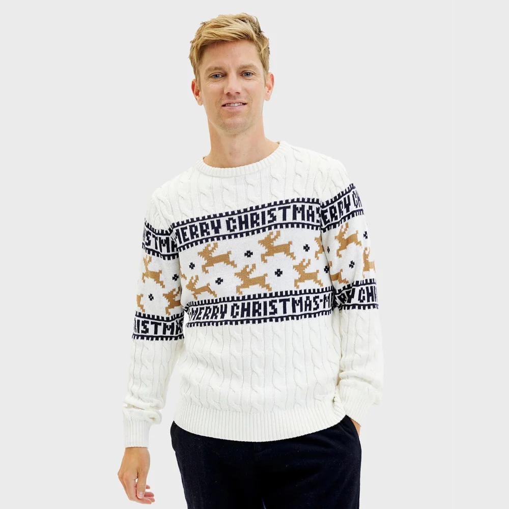 Pull de Noël Chic pour Homme Blanc avec Rennes Coton Bio – Image 4