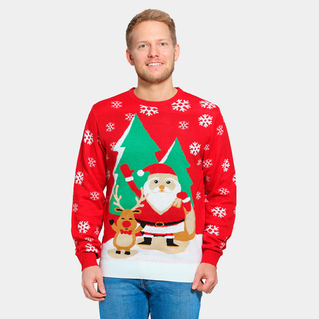 Pull de Noël pour Homme Rouge avec Père Noël et Renne Saluant – Image 4