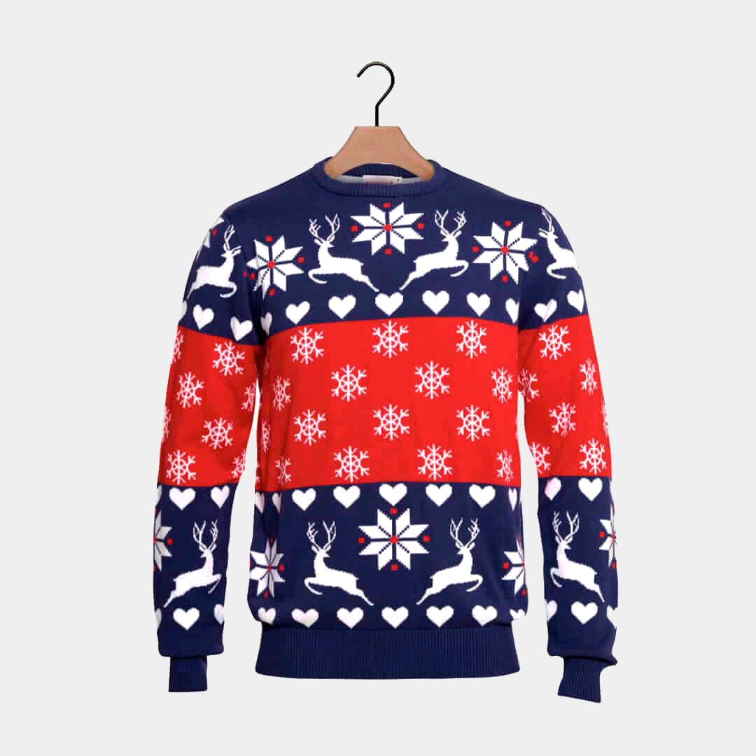 Pull de Noël pour Femme Rennes et Cœurs Bleu et Rouge – Image 7