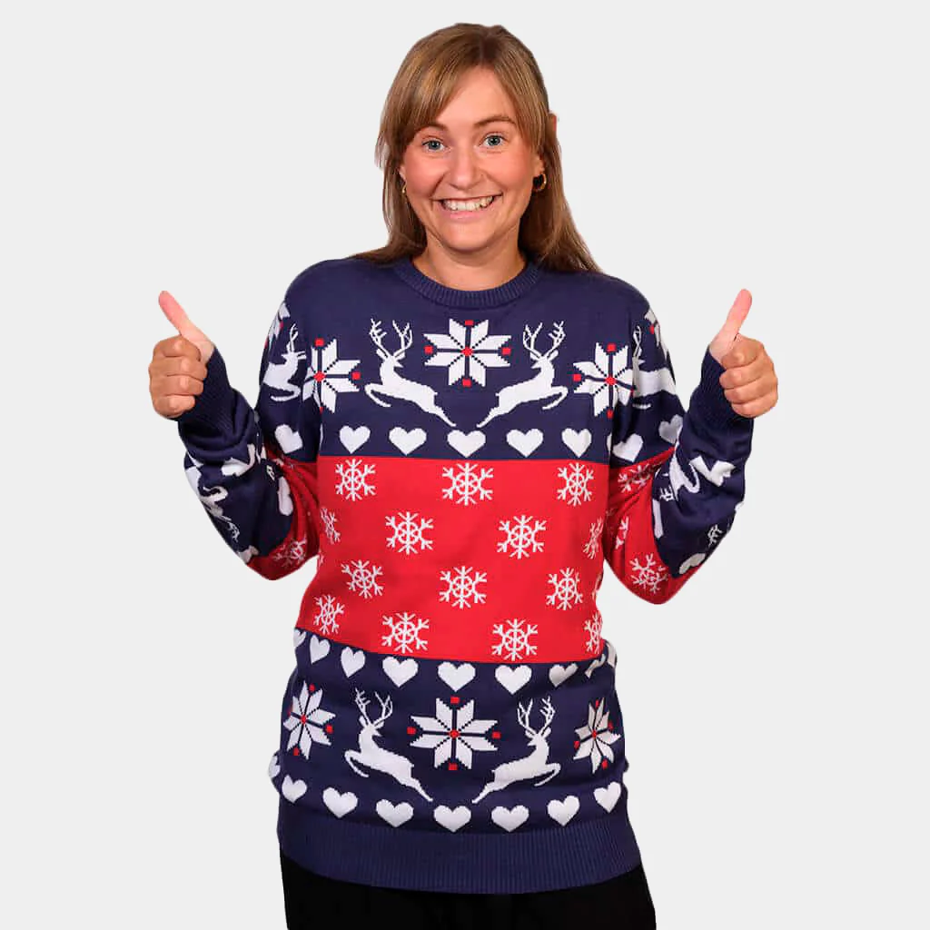 Pull de Noël pour Femme Rennes et Cœurs Bleu et Rouge