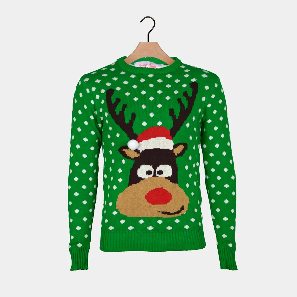Pull de Noël pour Femme Vert Renne avec Bonnet de Noël 3D – Image 7