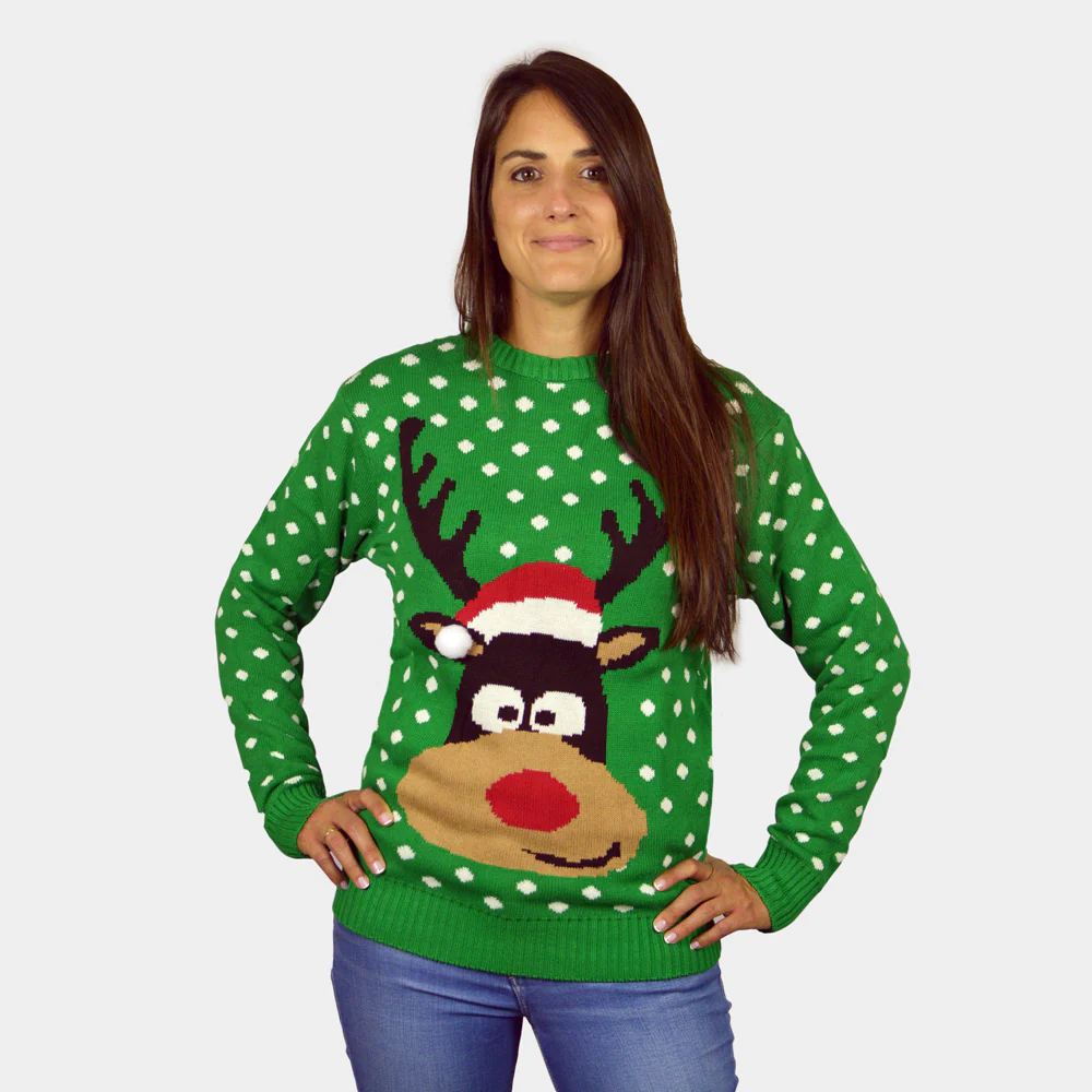 Pull de Noël pour Femme Vert Renne avec Bonnet de Noël 3D