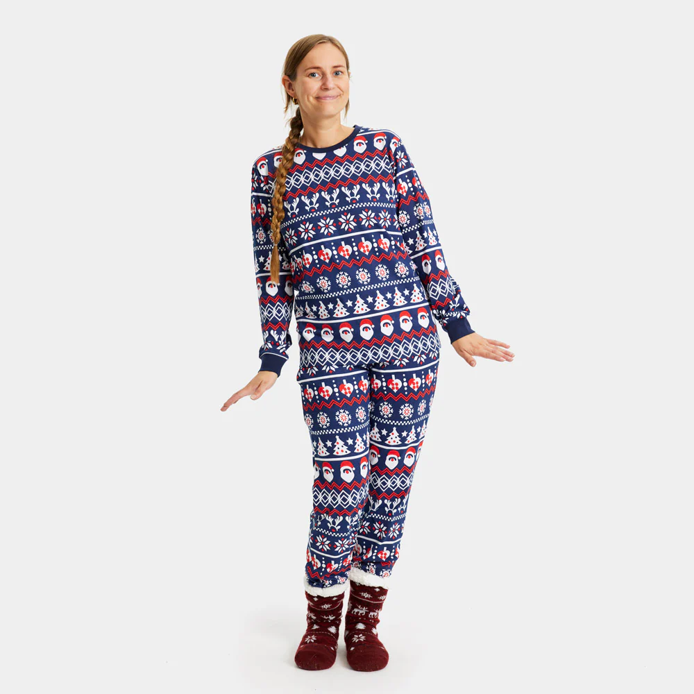 Pyjama de Noël Familial Bleu avec Père Noël, Sapins et Cœurs – Image 3