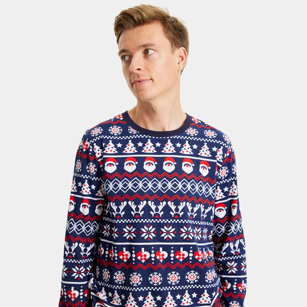 Pyjama de Noël Familial Bleu avec Père Noël, Sapins et Cœurs – Image 5