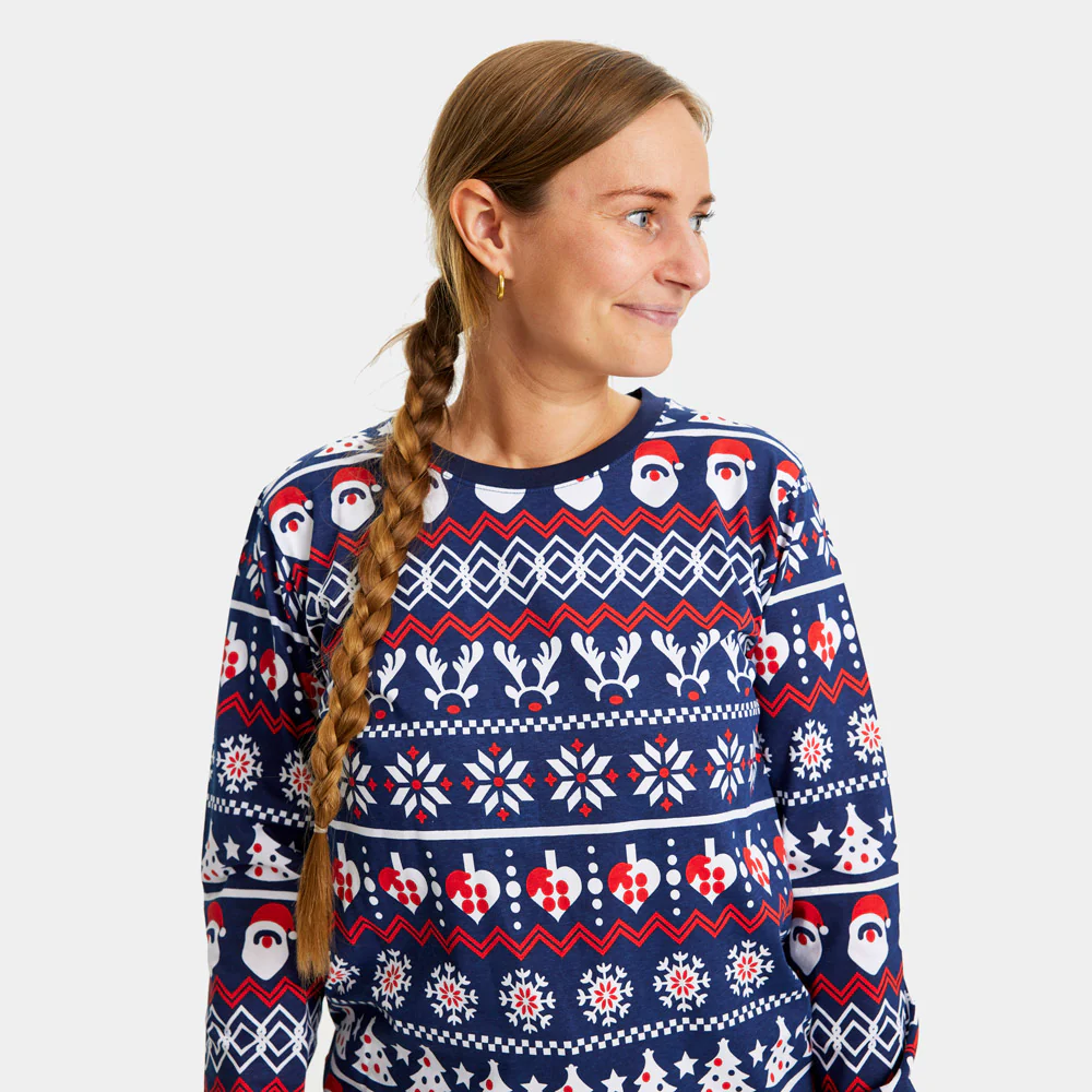 Pyjama de Noël Familial Bleu avec Père Noël, Sapins et Cœurs – Image 4