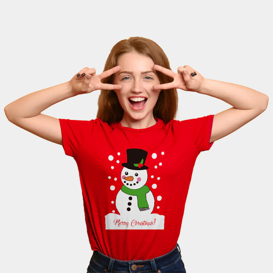 T-Shirt de Noël pour Famille Rouge avec Bonhomme de Neige – Image 2