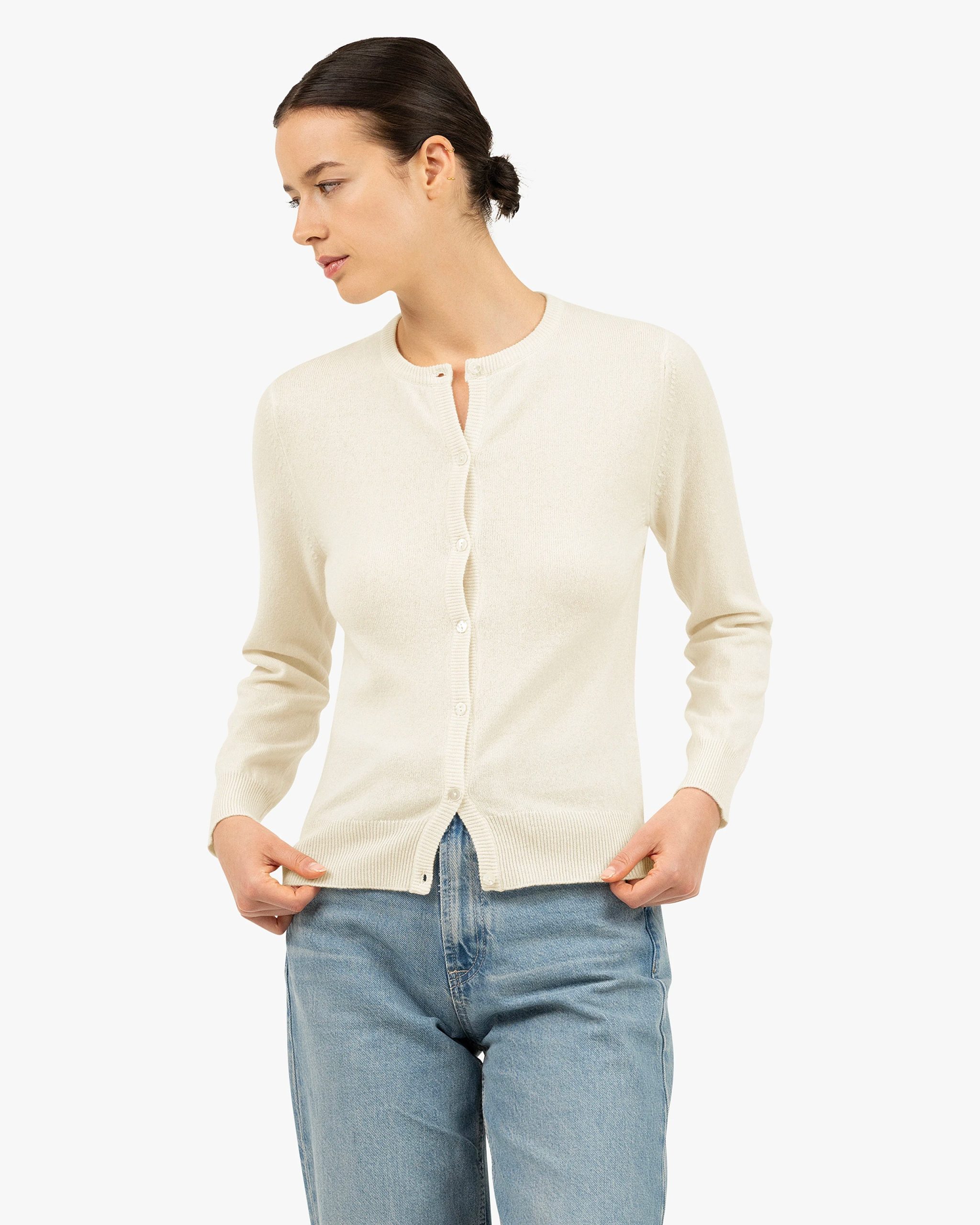 Essential Crew Neck Cardigan - White – Image 3