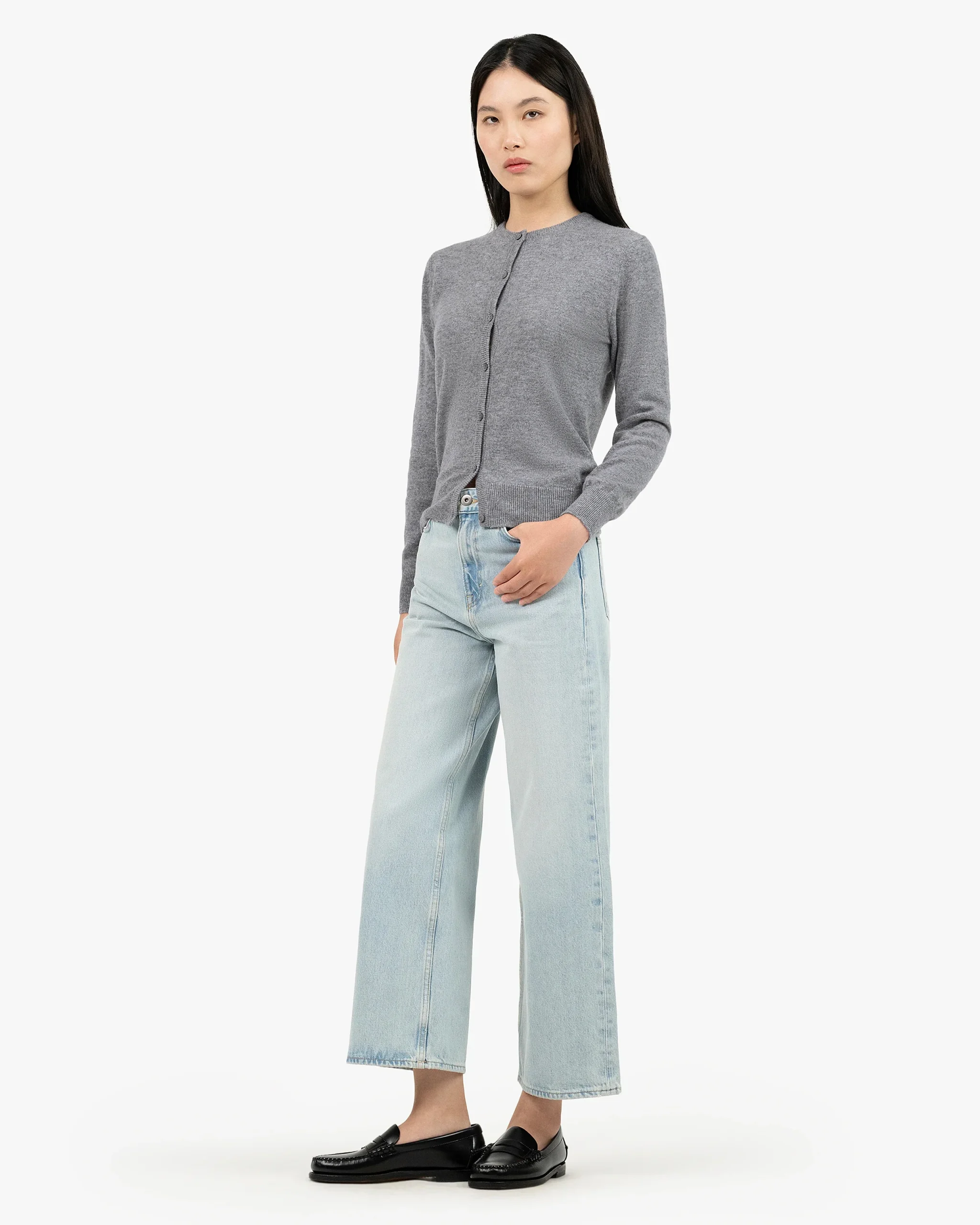 Essential Crew Neck Cardigan - Medium Grey